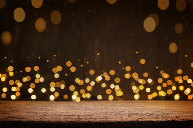 Mesa de madeira rústica vazia com luzes brilhantes borradas fundo luzes de Natal em mesa de madeira vazia papel de parede de férias de Natal