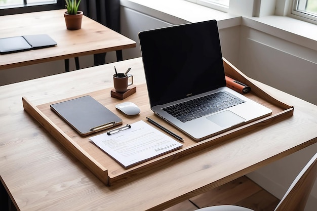 Mesa de madeira simples com clipboard e laptop