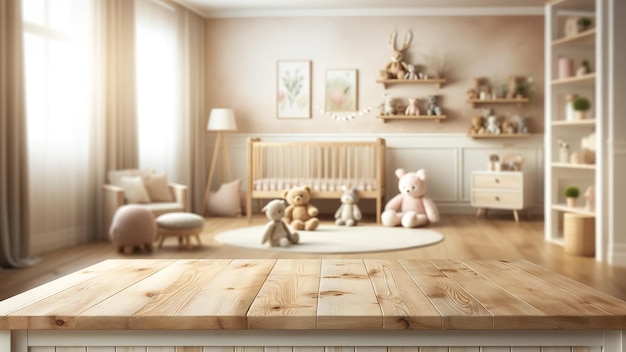 mesa de madeira vazia borrada interior de uma sala de crianças