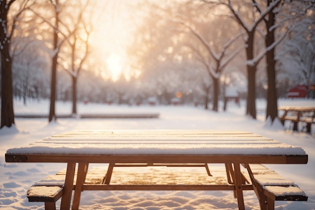 Mesa de madeira vazia coberta de neve no parque de inverno ai generativo