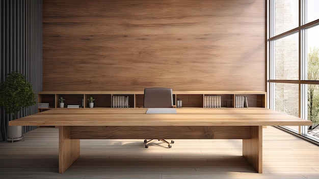Mesa de madeira vazia com amplo espaço em um escritório contemporâneo, imitação em close-up