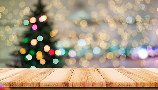 Mesa de madeira vazia com árvore de Natal desfocada com fundo claro bokeh para maquete