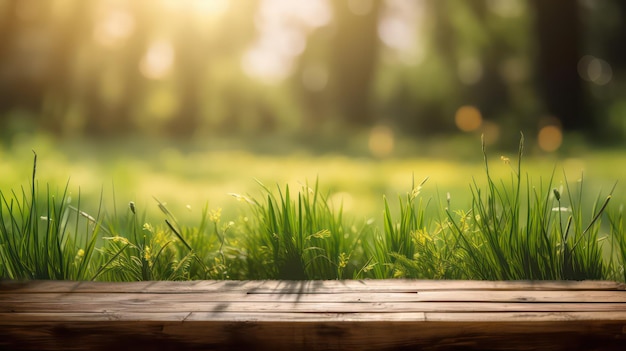 mesa de madeira vazia com belo fundo natural de primavera em fundo de natureza Generative AI