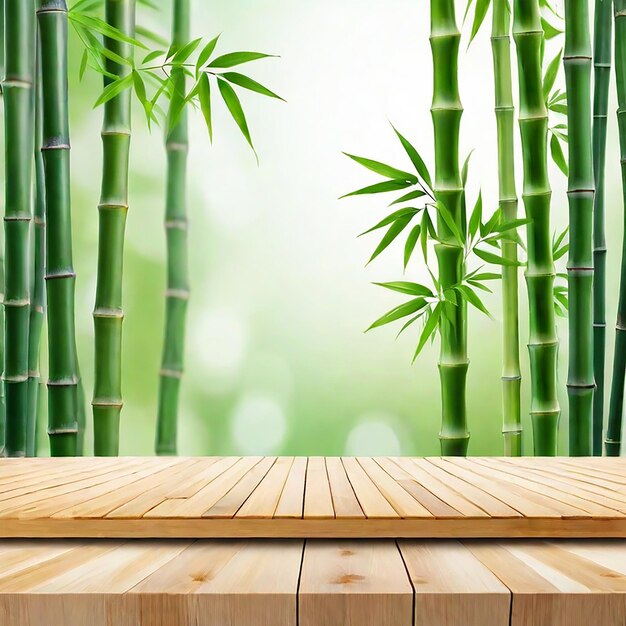 Mesa de madeira vazia com caules de bambu verde borrados gerados por IA