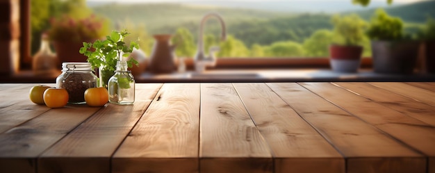 Mesa de madeira vazia com cozinha rural ao fundo