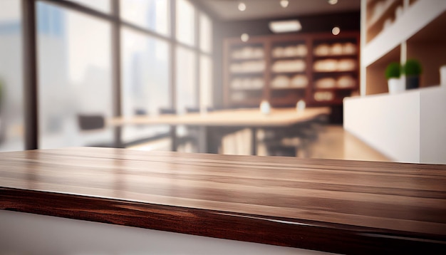 Mesa de madeira vazia com desfoque de fundo do escritório e sala de reuniões