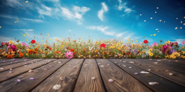 Mesa de madeira vazia com espaço livre de fundo de campo de flores para exibição de produtos Generative Ai