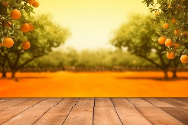 Foto mesa de madeira vazia com espaço livre sobre fundo de campo laranja de laranjeiras para exibição do produto