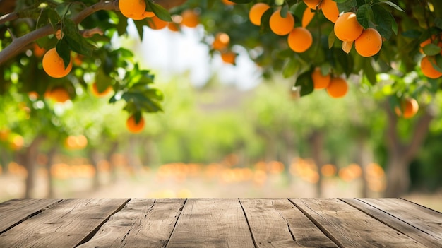 Mesa de madeira vazia com espaço livre sobre laranjeiras fundo de campo laranja Generative Ai