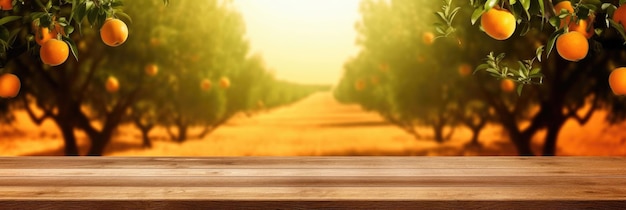 Mesa de madeira vazia com espaço livre sobre laranjeiras fundo de campo laranja para montagem de exibição de produtos IA generativa