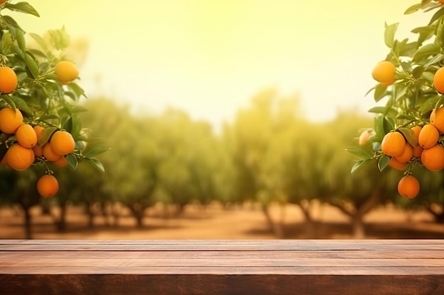 Mesa de madeira vazia com espaço livre sobre laranjeiras fundo de campo laranja para montagem de exibição de produtos IA generativa