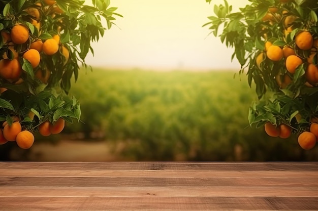 Mesa de madeira vazia com espaço livre sobre laranjeiras fundo de campo laranja para montagem de exibição de produtos IA generativa