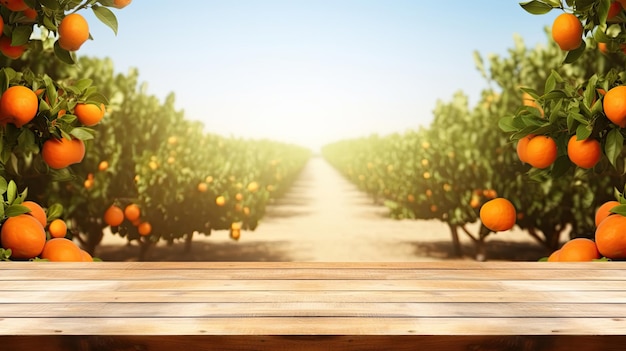 Mesa de madeira vazia com espaço livre sobre laranjeiras fundo de campo laranja para montagem de exibição de produtos