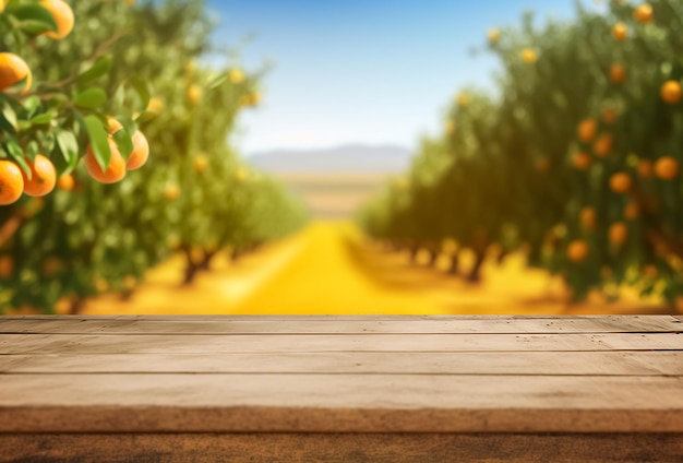 Mesa de madeira vazia com espaço livre sobre laranjeiras, fundo de campo laranja