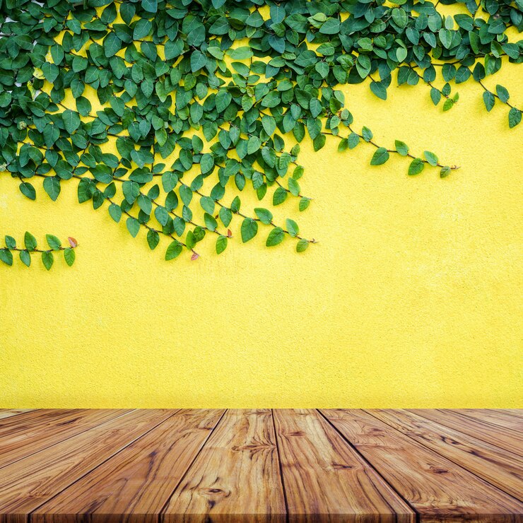 Foto mesa de madeira vazia com folhas verdes no backgroundign de parede de concreto amarelo