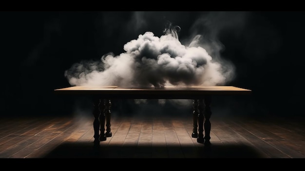 Mesa de madeira vazia com fumaça flutuando sobre fundo escuro Generative AI