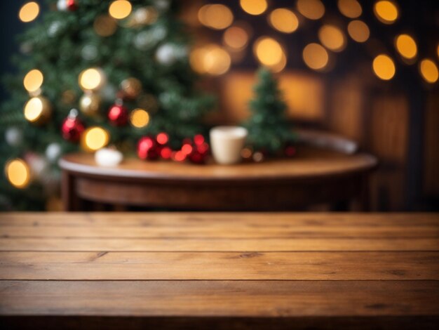 Foto mesa de madeira vazia com fundo bokeh para anúncios exibição de produtos fundo de árvore de natal