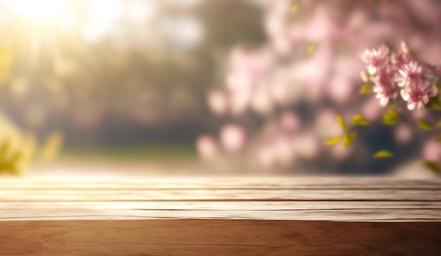 Mesa de madeira vazia com fundo de bokeh de jardim sakura rosa florescente Generative AI