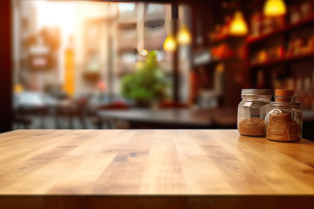 Foto mesa de madeira vazia com fundo de cozinha desfocado