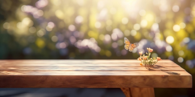 Mesa de madeira vazia com fundo de flor e borboleta de primavera generative ai