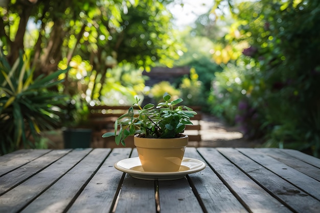 Mesa de madeira vazia com fundo de jardim ao ar livre desfocado