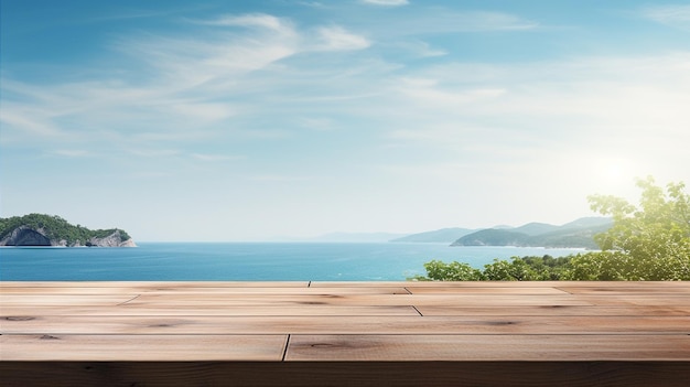 Mesa de madeira vazia com fundo de mar e céu azul para exibição de produtos Generative AI