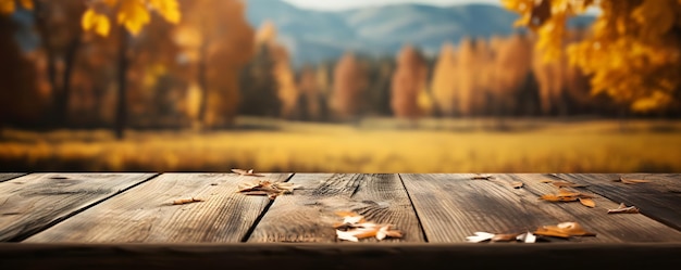 Mesa de madeira vazia com fundo de outono