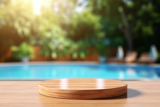 mesa de madeira vazia com fundo desfocado da piscina e luz solar para o pódio exibição de produtos generativa ai