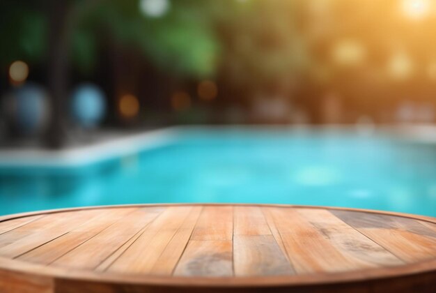 Foto mesa de madeira vazia com fundo desfocado da piscina e luz solar para o pódio exibição de produtos generativa ai