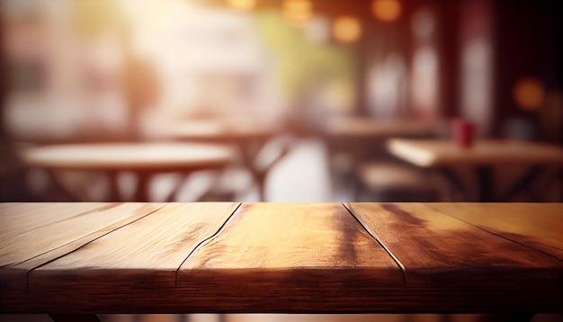 Mesa de madeira vazia com fundo desfocado de café ao ar livre ou cafeteria