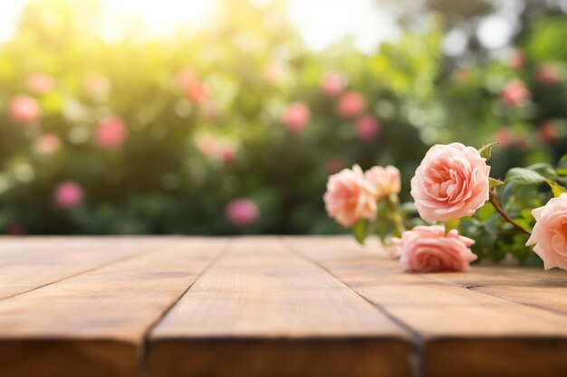 Mesa de madeira vazia com fundo desfocado de flores de rosa