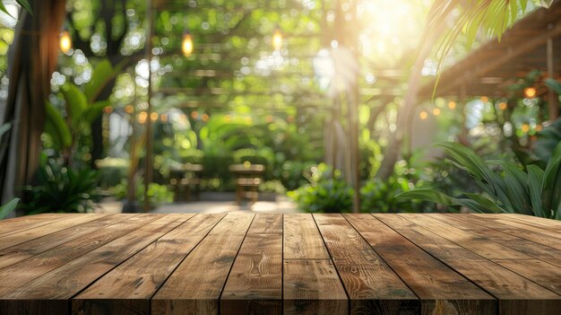 Mesa de madeira vazia com fundo desfocado de jardim verde e interior de cafeteria