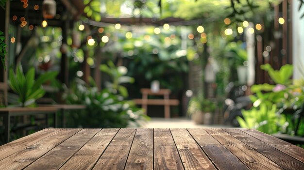 Mesa de madeira vazia com fundo desfocado de jardim verde e interior de cafeteria