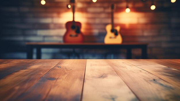 Foto mesa de madeira vazia com guitarras atrás com espaço de cópia de fundo desfocado para promoção de produto