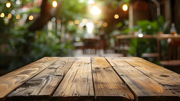 Mesa de madeira vazia com luzes bokeh em fundo de restaurante borrado