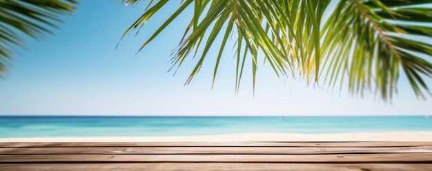 Mesa de madeira vazia com mar tropical e fundo de praia Generative Ai