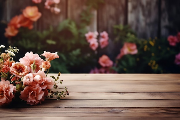 Foto mesa de madeira vazia com um fundo floral desfocado