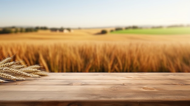 Mesa de madeira vazia de estilo rústico para apresentação de produtos com um campo de trigo desfocado e um velho celeiro ao fundo