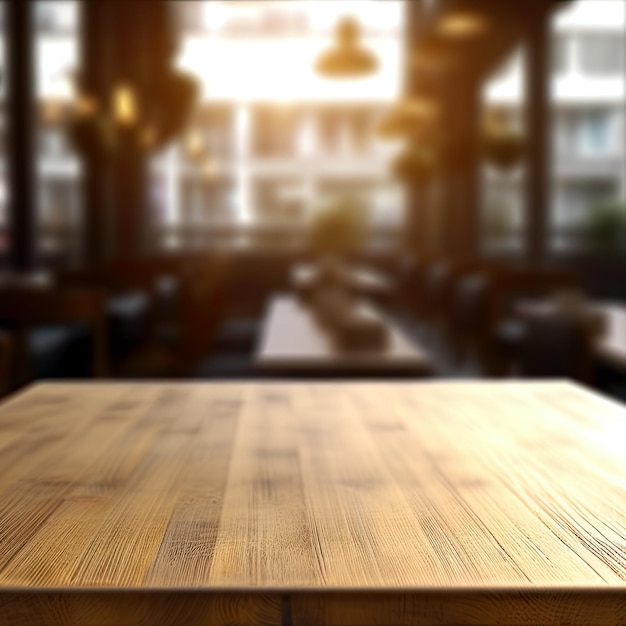 Mesa de madeira vazia e cafeteria desfocam o fundo com imagem bokeh Foto de alta qualidade