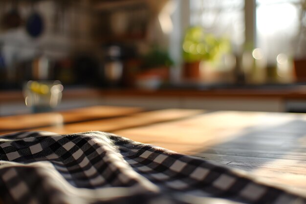 Mesa de madeira vazia e fundo desfocado da cozinha na luz da manhã