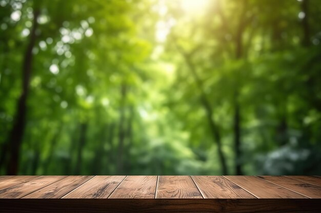 Mesa de madeira vazia e fundo desfocado da floresta com modelo de exibição de produto de luz solar