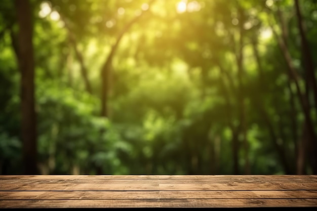 Mesa de madeira vazia e fundo desfocado da floresta com modelo de exibição de produto de luz solar