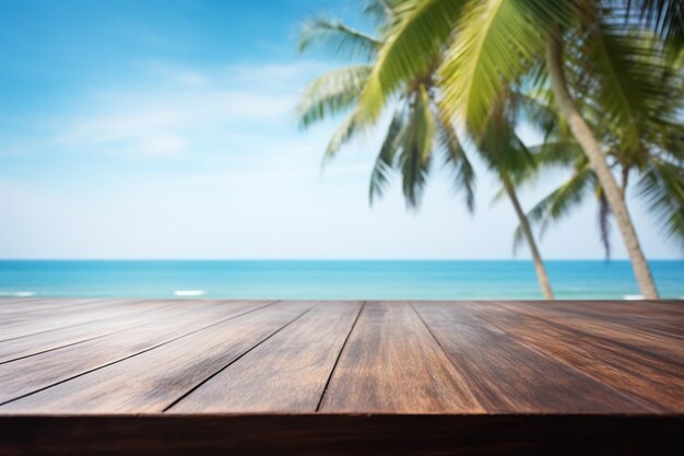 Mesa de madeira vazia e palmeira desfocada praia de verão com fundo azul do mar e do céu