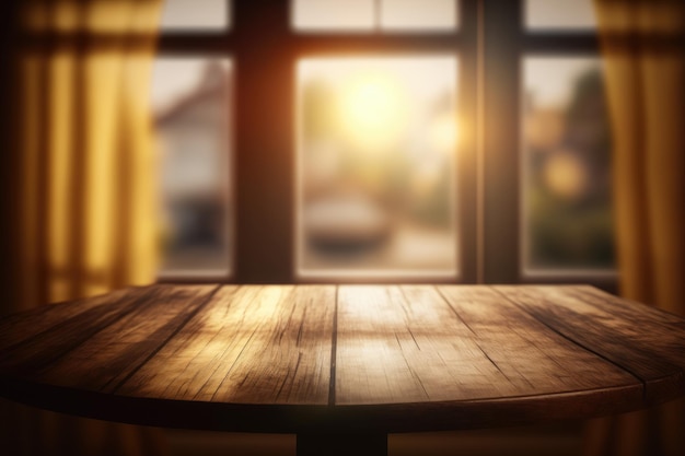 Mesa de madeira vazia em borracha de vidro de janela de cortina com fundo de luz solar IA geradora