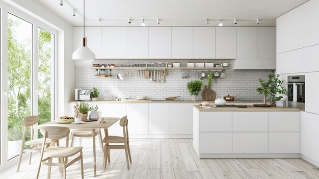 Mesa de madeira vazia em cozinha de estilo escandinavo com móveis cinza Generative Ai