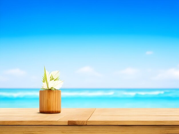 Mesa de madeira vazia em frente ao céu azul no mar de verão com folha de palmeira borrada em fundo bokeh