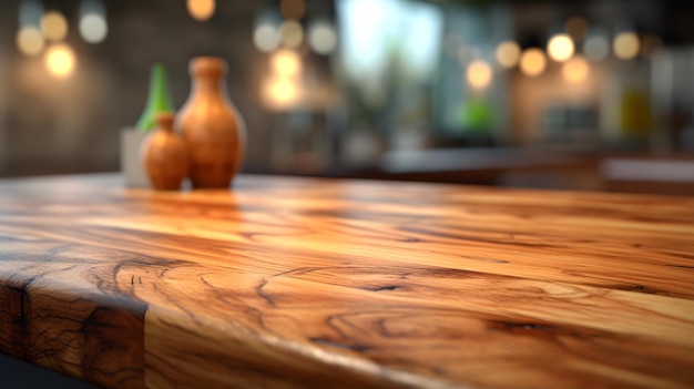 Mesa de madeira vazia em um café ou restaurante Fundo desfocado
