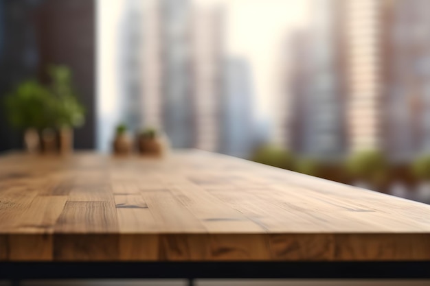 Mesa de madeira vazia em um escritório de uma cidade moderna ilustração generativa de fundo desfocado ai