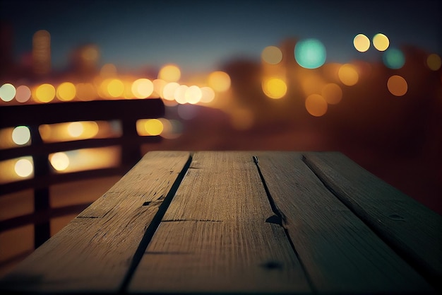 Mesa de madeira vazia em um terraço em um cenário urbano noturno generative ai