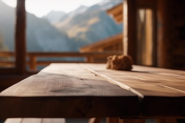 Mesa de madeira vazia em uma aconchegante cabana na montanha